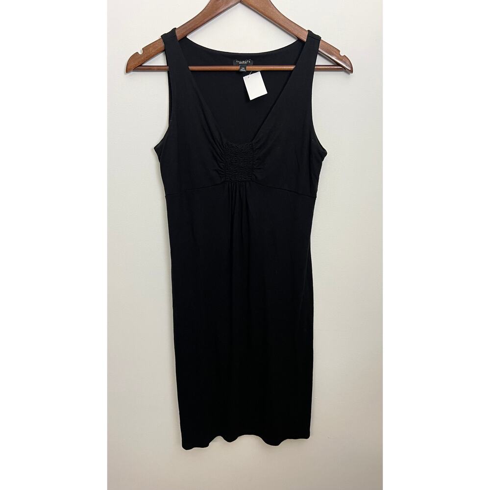 Talbots Sheath Dress Women Extra Small Black Smocked V-Neck Sleeveless Knit